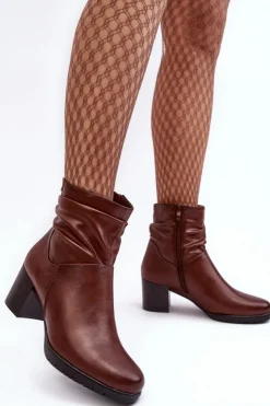 Buty Sergio Leone Botki Zimowe Damskie|Brązowe I Beżowe Botki*Damskie Marszczone Botki Na Słupku Brązowe Liriam