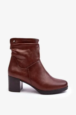 Buty Sergio Leone Botki Zimowe Damskie|Brązowe I Beżowe Botki*Damskie Marszczone Botki Na Słupku Brązowe Liriam