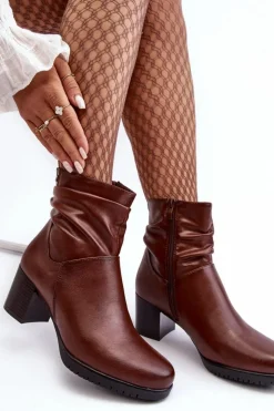 Buty Sergio Leone Botki Zimowe Damskie|Brązowe I Beżowe Botki*Damskie Marszczone Botki Na Słupku Brązowe Liriam