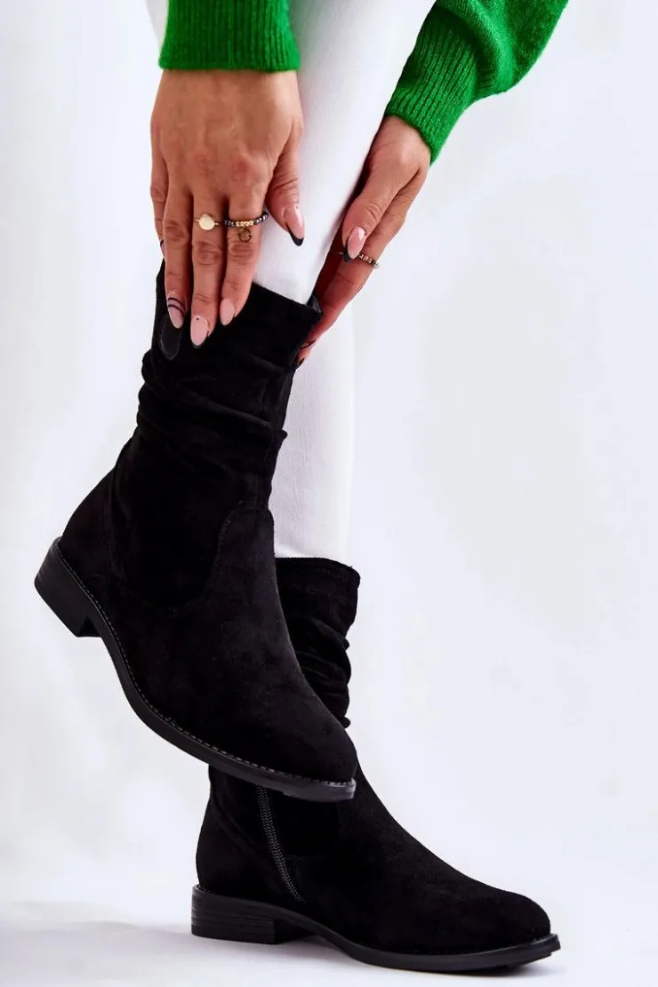 Damskie Damskie buty S.Barski Damskie Marszczone Zamszowe Botki Czarne Joanne