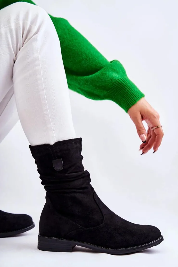 Damskie Damskie buty S.Barski Damskie Marszczone Zamszowe Botki Czarne Joanne