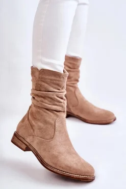 Hot Damskie buty S.Barski Damskie Marszczone Zamszowe Botki Beżowe Joanne