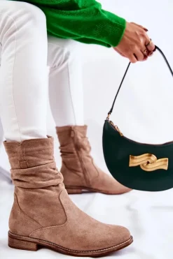 Hot Damskie buty S.Barski Damskie Marszczone Zamszowe Botki Beżowe Joanne