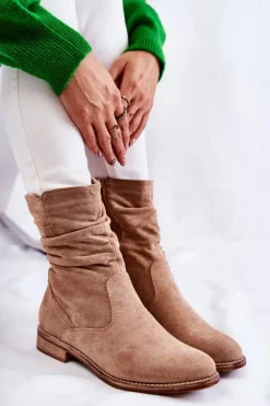 Hot Damskie buty S.Barski Damskie Marszczone Zamszowe Botki Beżowe Joanne