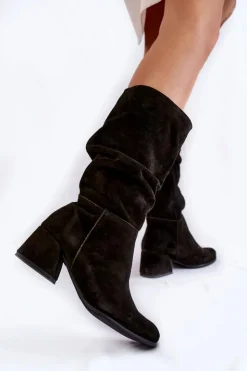 Damskie Boto Damskie Marszczone Zamszowe Kozaki Czarne Alfra