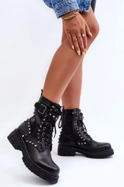 Boto Botki Sznurowane|Czarne Botki*Damskie Masywne Botki Workery z Dżetami Czarne Tyralis
