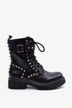 Boto Botki Sznurowane|Czarne Botki*Damskie Masywne Botki Workery z Dżetami Czarne Tyralis