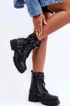 Boto Botki Sznurowane|Czarne Botki*Damskie Masywne Botki Workery z Dżetami Czarne Tyralis