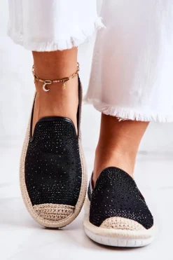 Damskie Boto Damskie Materiałowe Espadryle Z Cyrkoniami Czarne Deimos