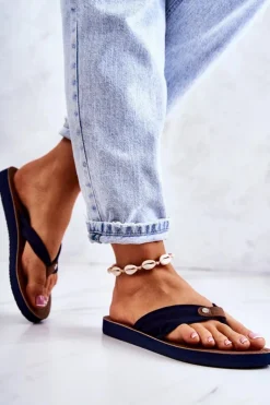 Big Star Shoes Klapki Damskie Big Star|Klapki Damskie Japonki*Damskie Materiałowe Japonki Big Star JJ274A346 Granatowe