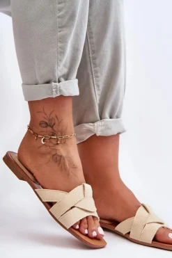 Clearance Boto Damskie Materiałowe Klapki Beżowe Aversa Beżowy