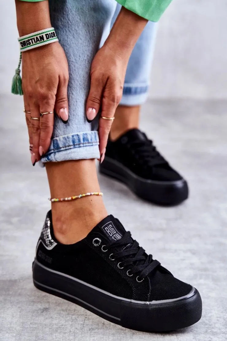 Big Star Shoes Trampki Damskie Big Star|Trampki Damskie Niskie*Damskie Materiałowe Trampki Big Star KK274036 Czarne