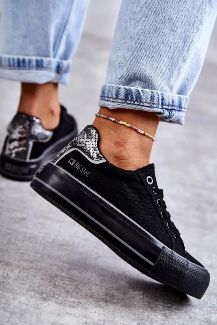 Big Star Shoes Trampki Damskie Big Star|Trampki Damskie Niskie*Damskie Materiałowe Trampki Big Star KK274036 Czarne