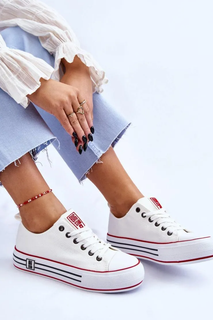 Big Star Shoes Trampki Damskie Big Star|Trampki Damskie Niskie*Damskie Materiałowe Trampki Na Platformie Big Star LL274180 Białe