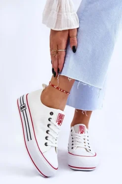 Big Star Shoes Trampki Damskie Big Star|Trampki Damskie Niskie*Damskie Materiałowe Trampki Na Platformie Big Star LL274180 Białe