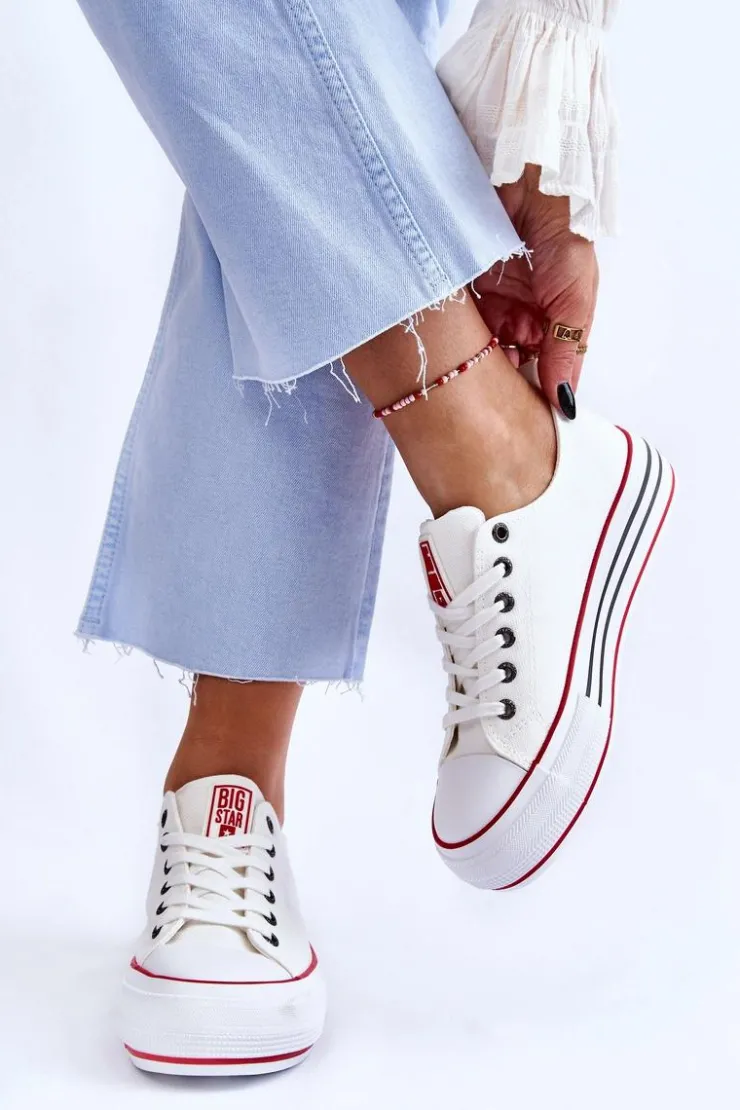 Big Star Shoes Trampki Damskie Big Star|Trampki Damskie Niskie*Damskie Materiałowe Trampki Na Platformie Big Star LL274180 Białe