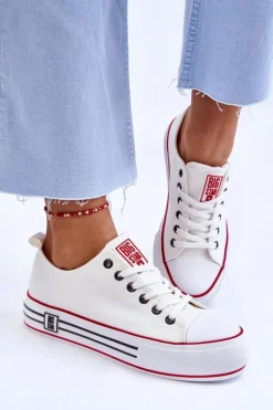 Big Star Shoes Trampki Damskie Big Star|Trampki Damskie Niskie*Damskie Materiałowe Trampki Na Platformie Big Star LL274180 Białe