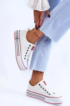 Big Star Shoes Trampki Damskie Big Star|Trampki Damskie Niskie*Damskie Materiałowe Trampki Na Platformie Big Star LL274180 Białe