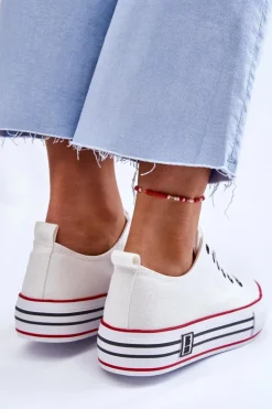 Big Star Shoes Trampki Damskie Big Star|Trampki Damskie Niskie*Damskie Materiałowe Trampki Na Platformie Big Star LL274180 Białe