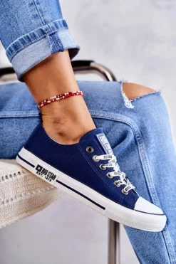 Big Star Shoes Trampki Damskie Big Star|Trampki Damskie Niskie*Damskie Materiałowe Trampki Big Star KK274103 Granatowe