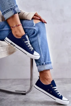Big Star Shoes Trampki Damskie Big Star|Trampki Damskie Niskie*Damskie Materiałowe Trampki Big Star KK274103 Granatowe