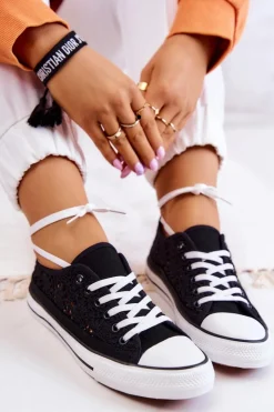 Damskie Boto Damskie Materiałowe Trampki Ażurowe Czarne Venture