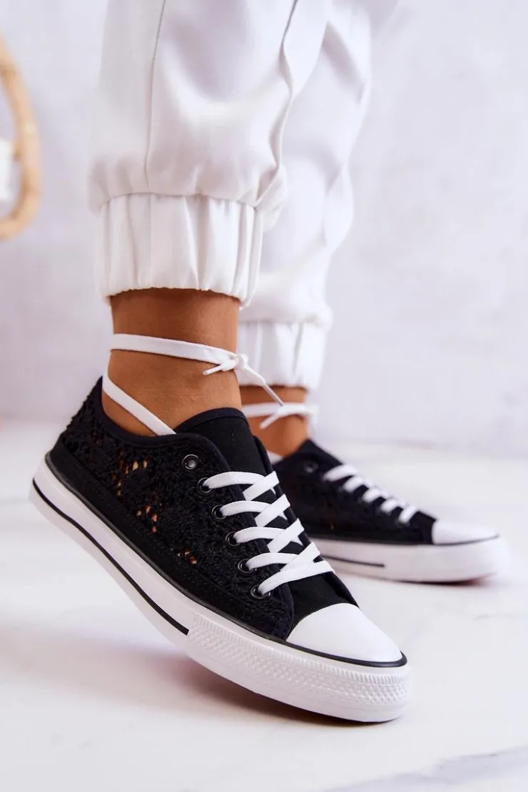 Damskie Boto Damskie Materiałowe Trampki Ażurowe Czarne Venture