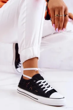 Damskie Boto Damskie Materiałowe Trampki Ażurowe Czarne Venture