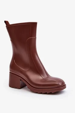 Boto Kalosze Damskie|Botki Na Obcasie*Damskie Matowe Kalosze Botki Na Obcasie Brązowe Bertaida