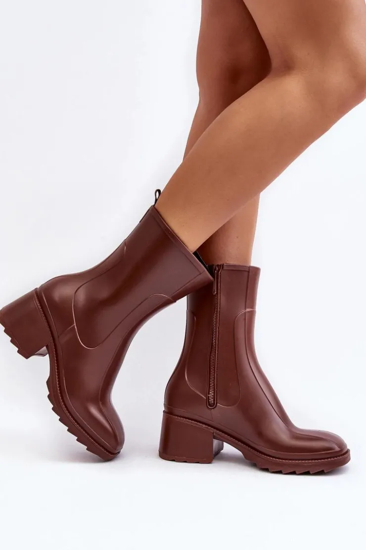 Boto Kalosze Damskie|Botki Na Obcasie*Damskie Matowe Kalosze Botki Na Obcasie Brązowe Bertaida