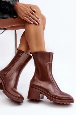 Boto Kalosze Damskie|Botki Na Obcasie*Damskie Matowe Kalosze Botki Na Obcasie Brązowe Bertaida