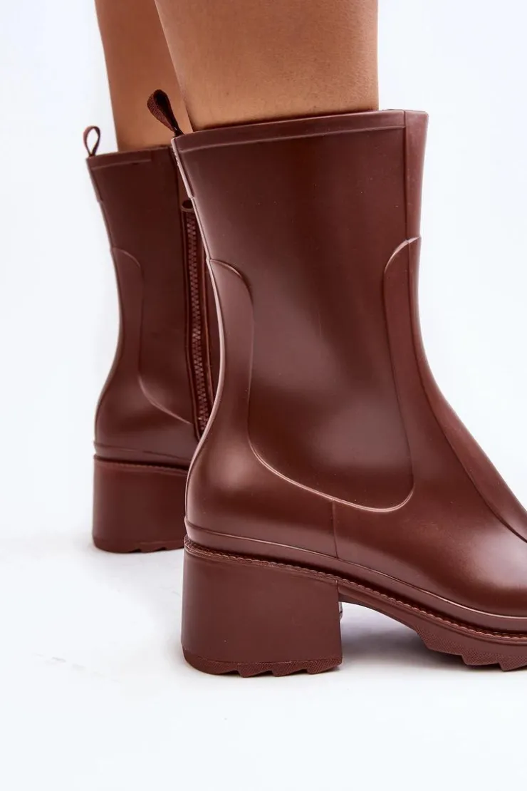 Boto Kalosze Damskie|Botki Na Obcasie*Damskie Matowe Kalosze Botki Na Obcasie Brązowe Bertaida