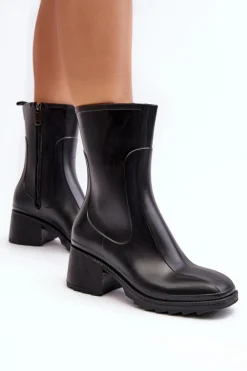 Discount Boto Damskie Matowe Kalosze Botki Na Obcasie Czarne Bertaida