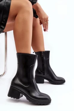 Discount Boto Damskie Matowe Kalosze Botki Na Obcasie Czarne Bertaida