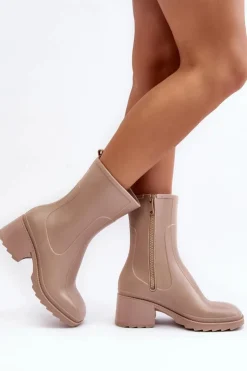 Damskie Boto Damskie Matowe Kalosze Botki Na Obcasie Beżowe Bertaida
