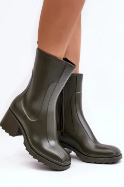 Damskie Boto Damskie Matowe Kalosze Botki Na Obcasie Ciemnozielone Bertaida