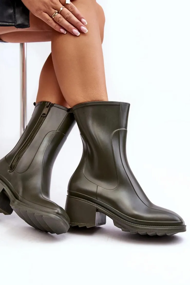 Damskie Boto Damskie Matowe Kalosze Botki Na Obcasie Ciemnozielone Bertaida