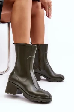 Damskie Boto Damskie Matowe Kalosze Botki Na Obcasie Ciemnozielone Bertaida