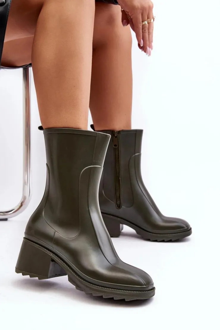 Damskie Boto Damskie Matowe Kalosze Botki Na Obcasie Ciemnozielone Bertaida