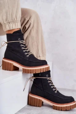 Evento Botki Sznurowane|Czarne Botki*Damskie Modne Botki Ocieplane Czarne Gerda
