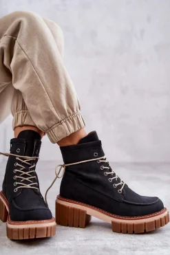 Evento Botki Sznurowane|Czarne Botki*Damskie Modne Botki Ocieplane Czarne Gerda
