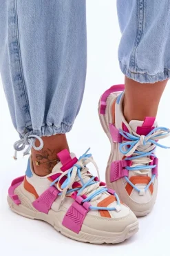 New Boto Damskie Modne Buty Sportowe Sznurowane Beżowo-Różowe Chillout!