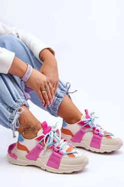 New Boto Damskie Modne Buty Sportowe Sznurowane Beżowo-Różowe Chillout!
