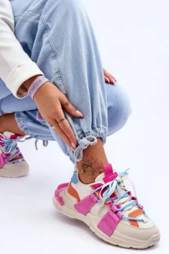 New Boto Damskie Modne Buty Sportowe Sznurowane Beżowo-Różowe Chillout!