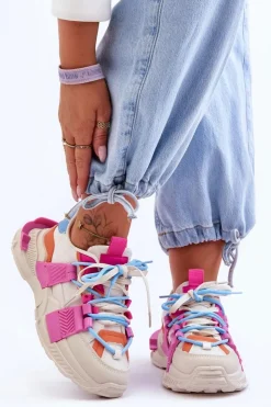 New Boto Damskie Modne Buty Sportowe Sznurowane Beżowo-Różowe Chillout!