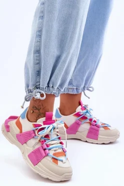 New Boto Damskie Modne Buty Sportowe Sznurowane Beżowo-Różowe Chillout!