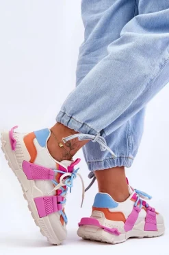 New Boto Damskie Modne Buty Sportowe Sznurowane Beżowo-Różowe Chillout!