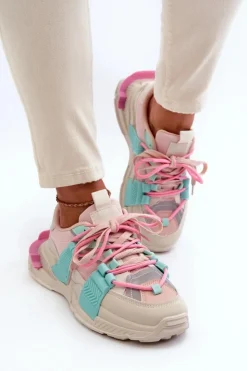 Boto Sneakersy Damskie*Damskie Modne Buty Sportowe Sznurowane Różowo-Miętowe Chillout!
