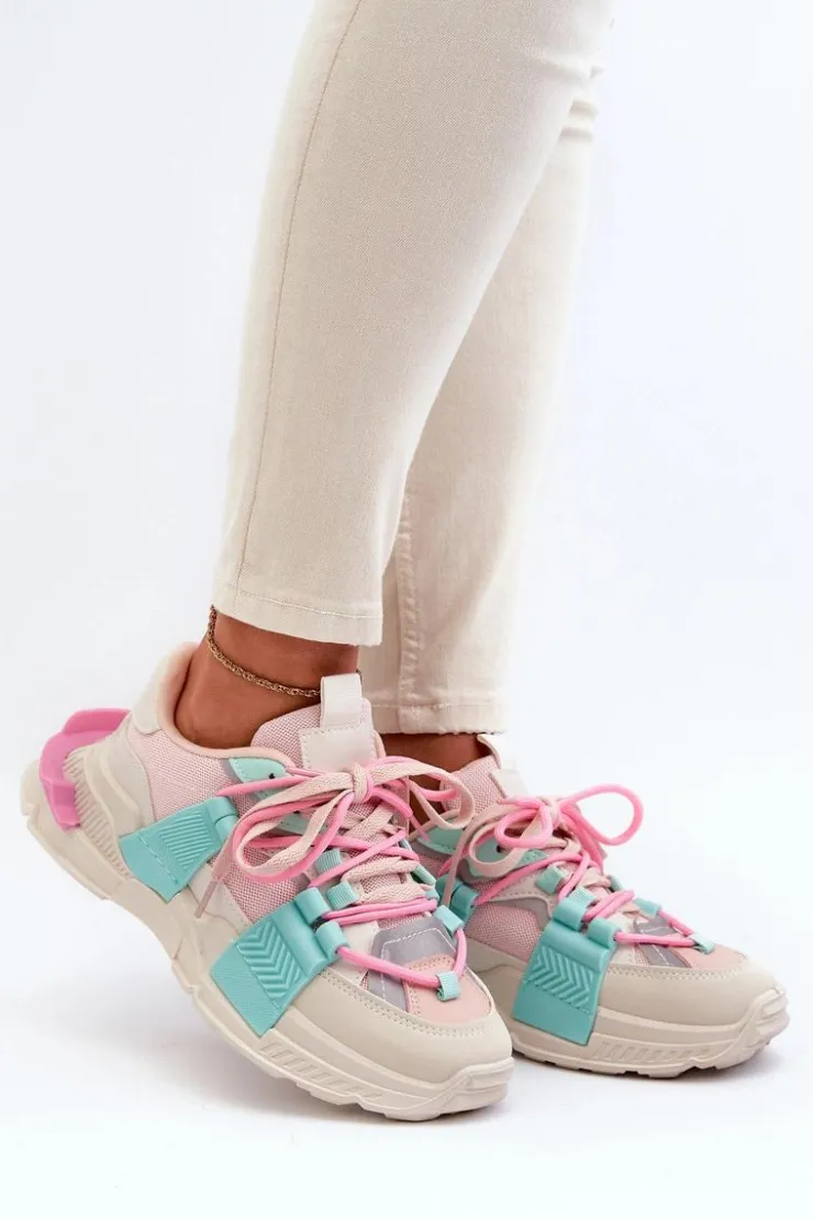 Boto Sneakersy Damskie*Damskie Modne Buty Sportowe Sznurowane Różowo-Miętowe Chillout!