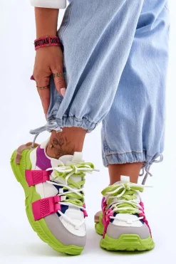 Boto Sneakersy Damskie*Damskie Modne Buty Sportowe Sznurowane Zielono-Różowe Chillout!